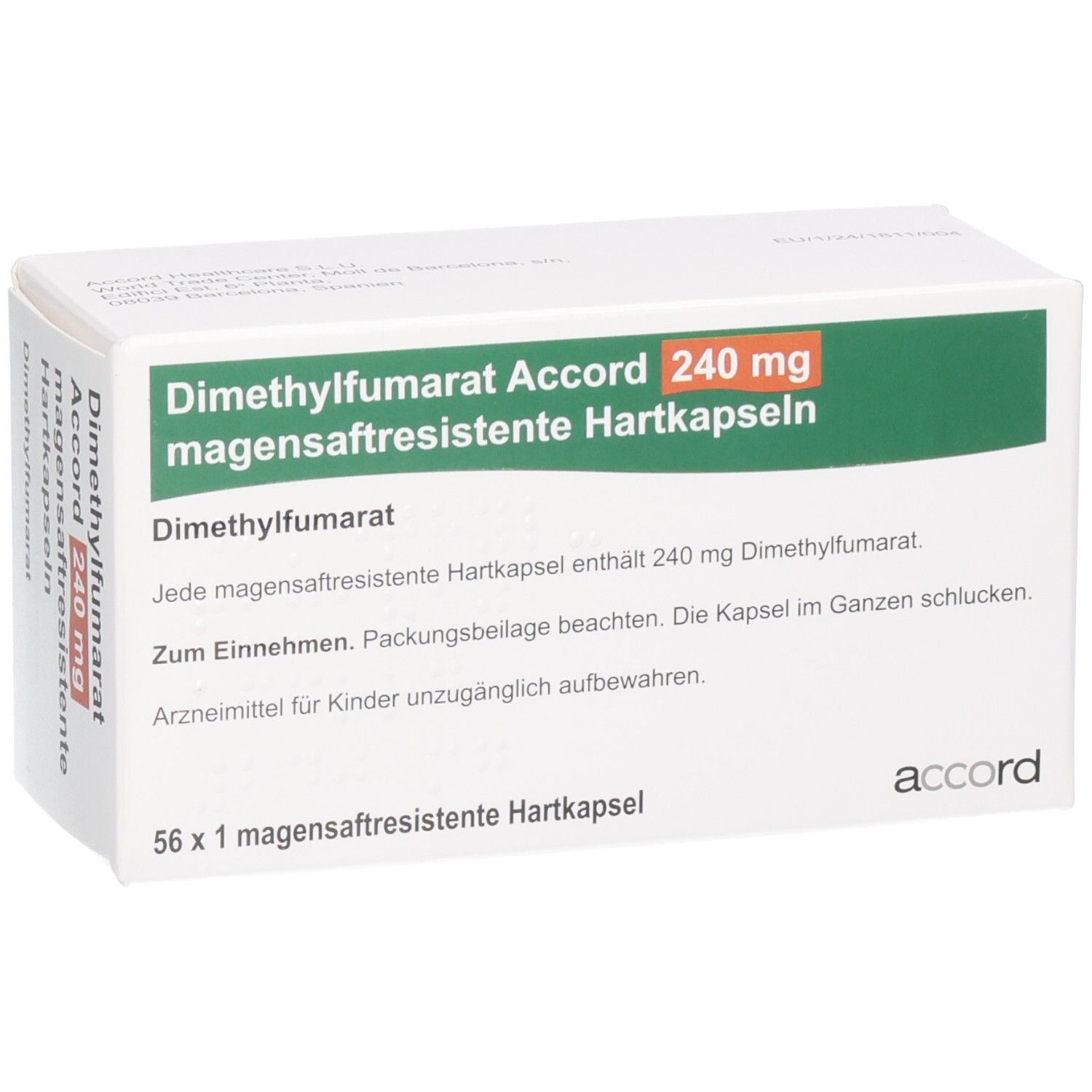 Packung Dimethylfumarat Accord 240 mg, 56 magensaftresistente Hartkapseln.