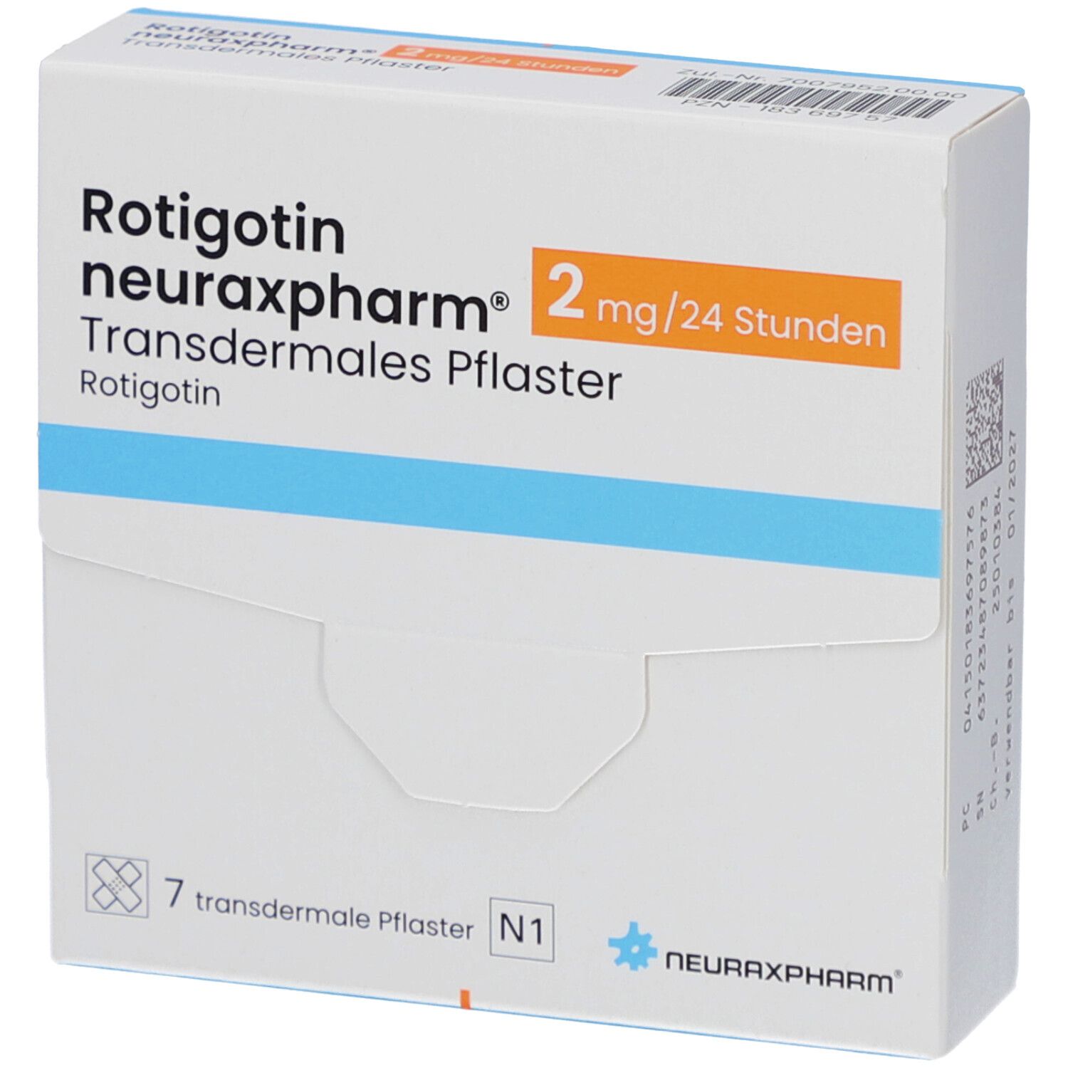 Schachtel mit ROTIGOTIN neuraxpharm 2 mg/24 Stunden transderm. Pflaster. 7 Pflaster, N1. Orangefarbene Akzente.