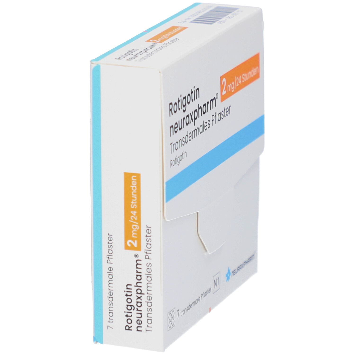 Schachtel ROTIGOTIN neuraxpharm 2 mg/24 Stunden transderm. Pflaster. Seitenansicht. Orangefarbener Streifen.