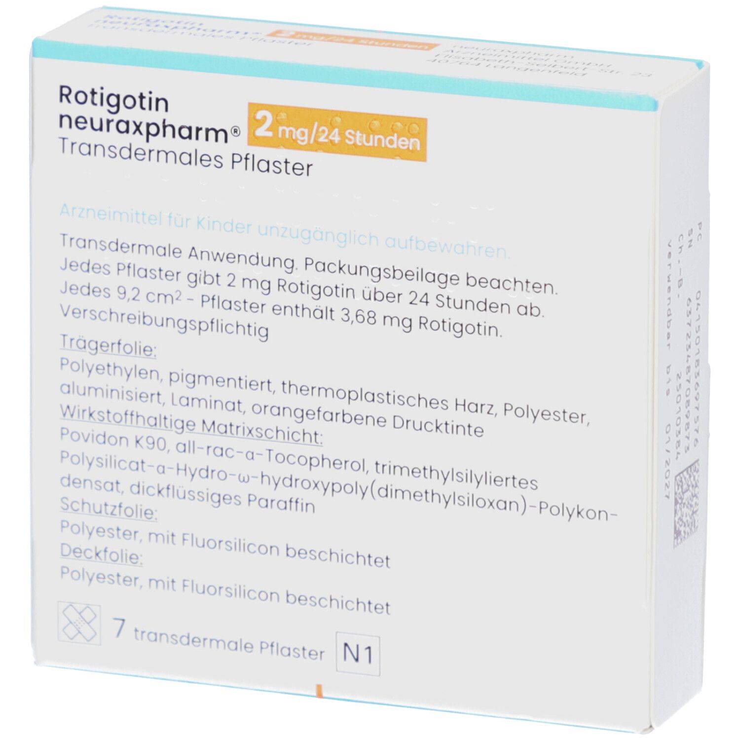 Rückseite der Schachtel mit Informationen zu ROTIGOTIN neuraxpharm 2 mg/24 Stunden transderm. Pflaster. Text.