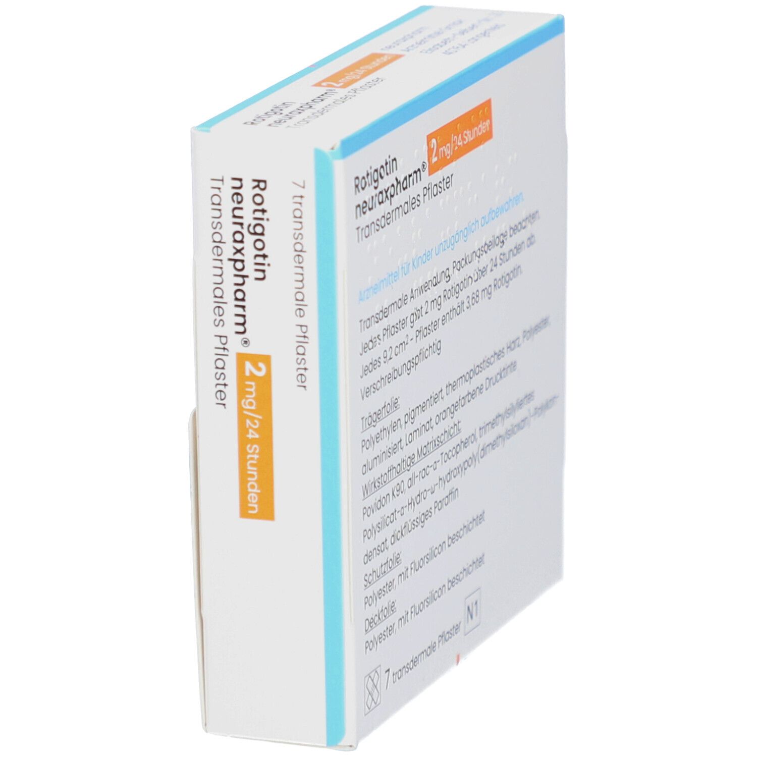 Schachtel ROTIGOTIN neuraxpharm 2 mg/24 Stunden transderm. Pflaster. Seitenansicht mit Text.