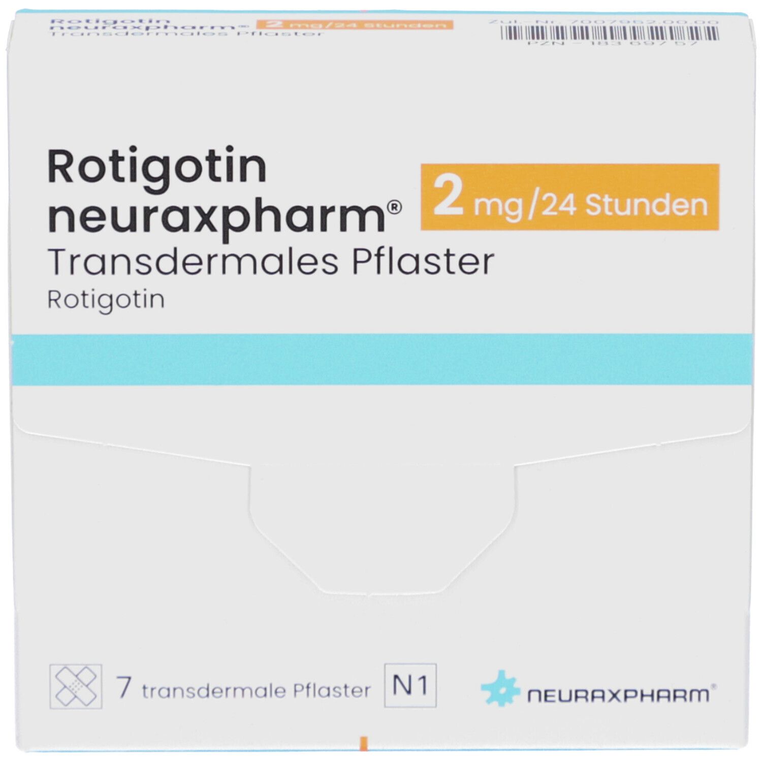 Schachtel ROTIGOTIN neuraxpharm 2 mg/24 Stunden transderm. Pflaster. 7 Pflaster, N1. Weiß und orange.