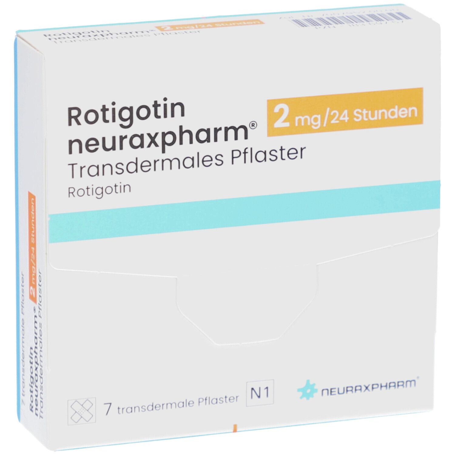 Schachtel ROTIGOTIN neuraxpharm 2 mg/24 Stunden transderm. Pflaster. 7 Pflaster, N1. Weiß und orange.