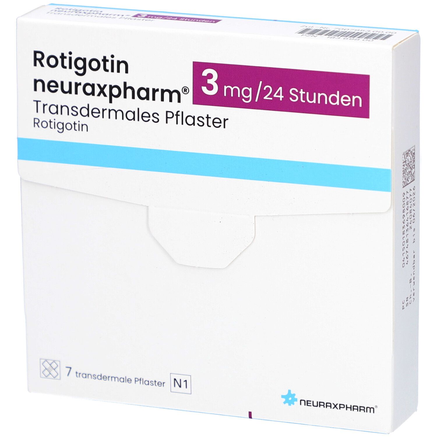 Verpackung mit Aufschrift 'Rotigotin neuraxpharm 3 mg/24 Stunden'. Enthält 7 transdermale Pflaster. Marke neuraxpharm.