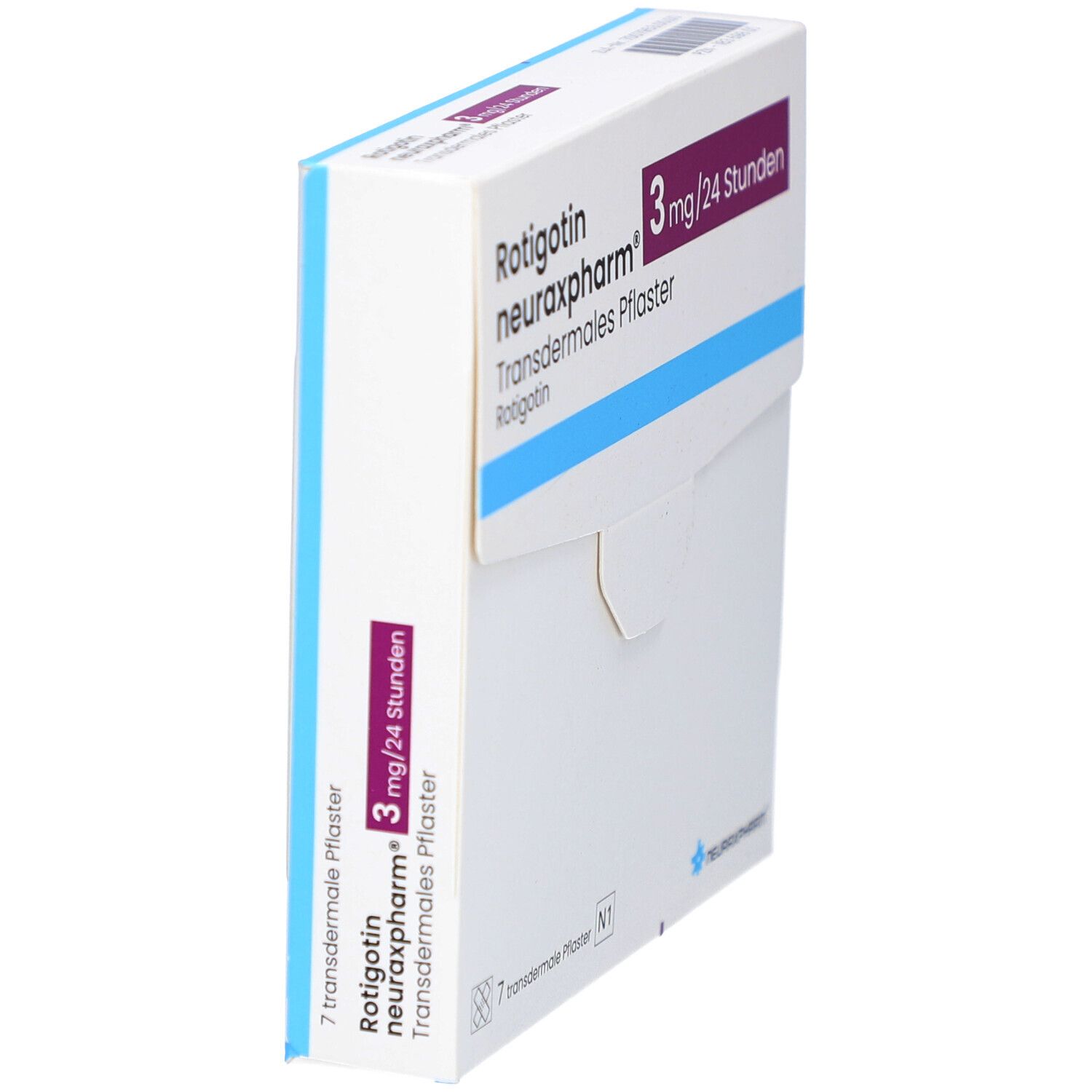 Schräg gestellte Verpackung 'Rotigotin neuraxpharm 3 mg/24 Stunden'. Enthält 7 transdermale Pflaster. Marke neuraxpharm.