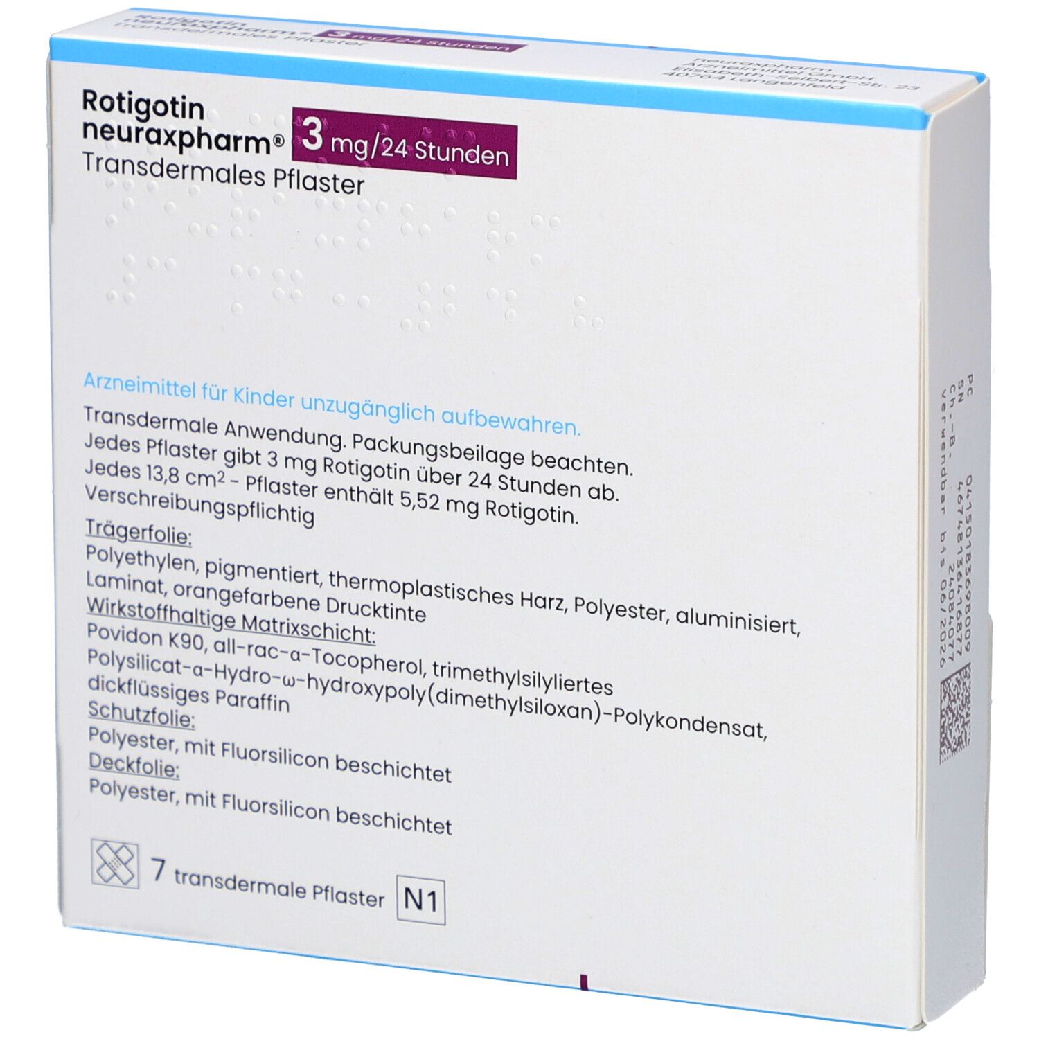 Rückseite der Verpackung 'Rotigotin neuraxpharm 3 mg/24 Stunden'. Text mit Inhaltsstoffen und Anwendungshinweisen. 7 Pflaster.