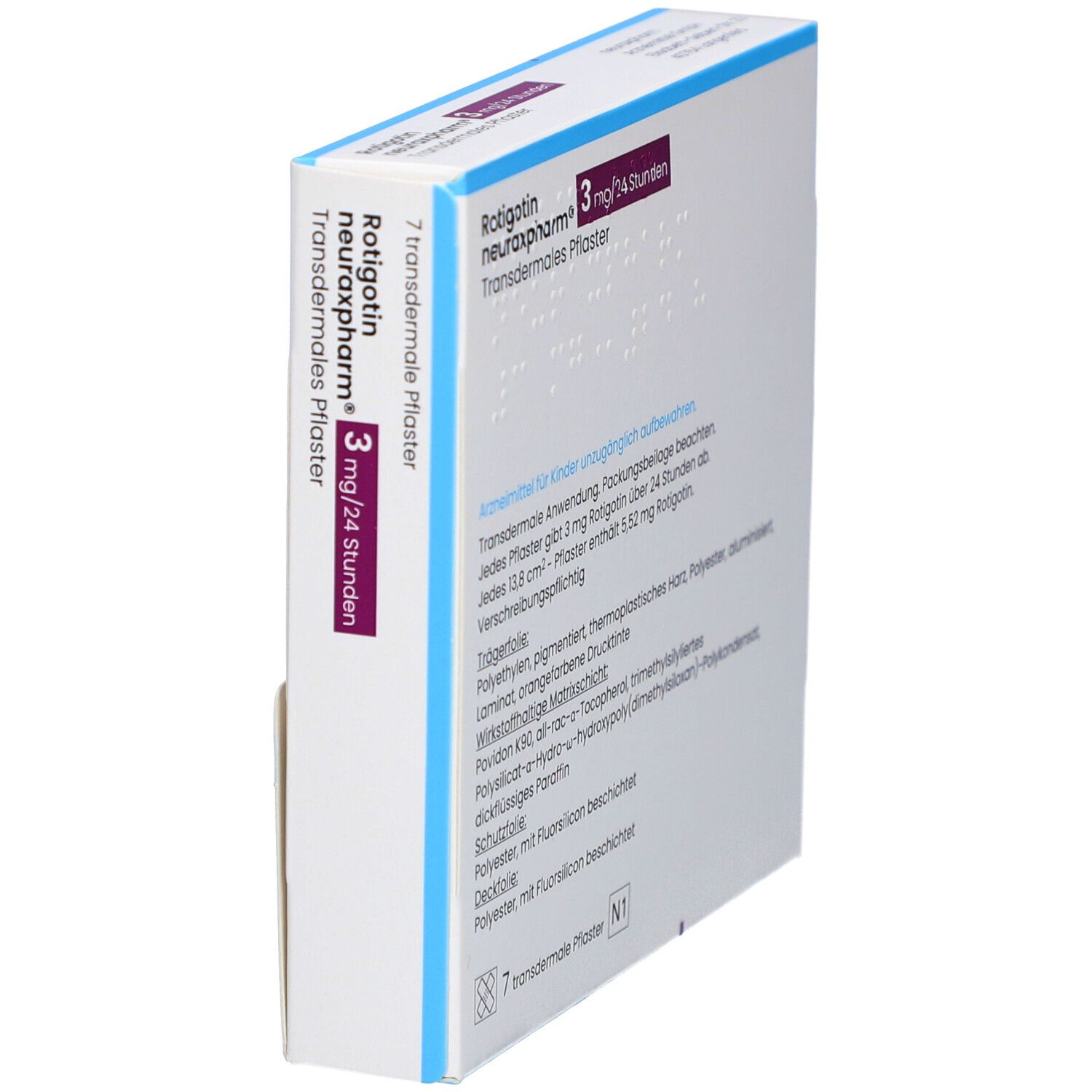 Schräg gestellte Verpackung 'Rotigotin neuraxpharm 3 mg/24 Stunden'. Rückseite mit Text. 7 transdermale Pflaster.