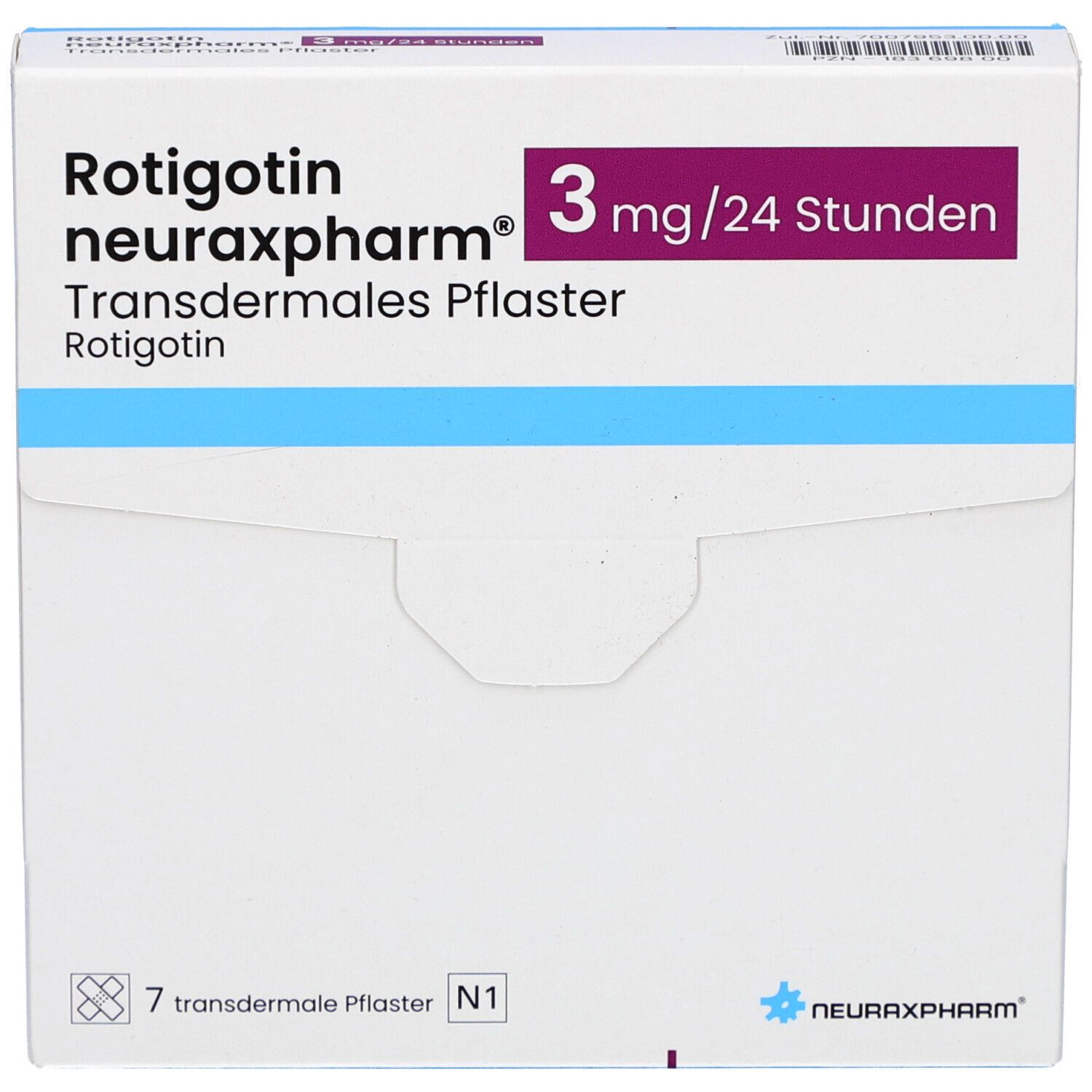 Verpackung 'Rotigotin neuraxpharm 3 mg/24 Stunden'. Enthält 7 transdermale Pflaster. Marke neuraxpharm. Blaue und violette Akzente.