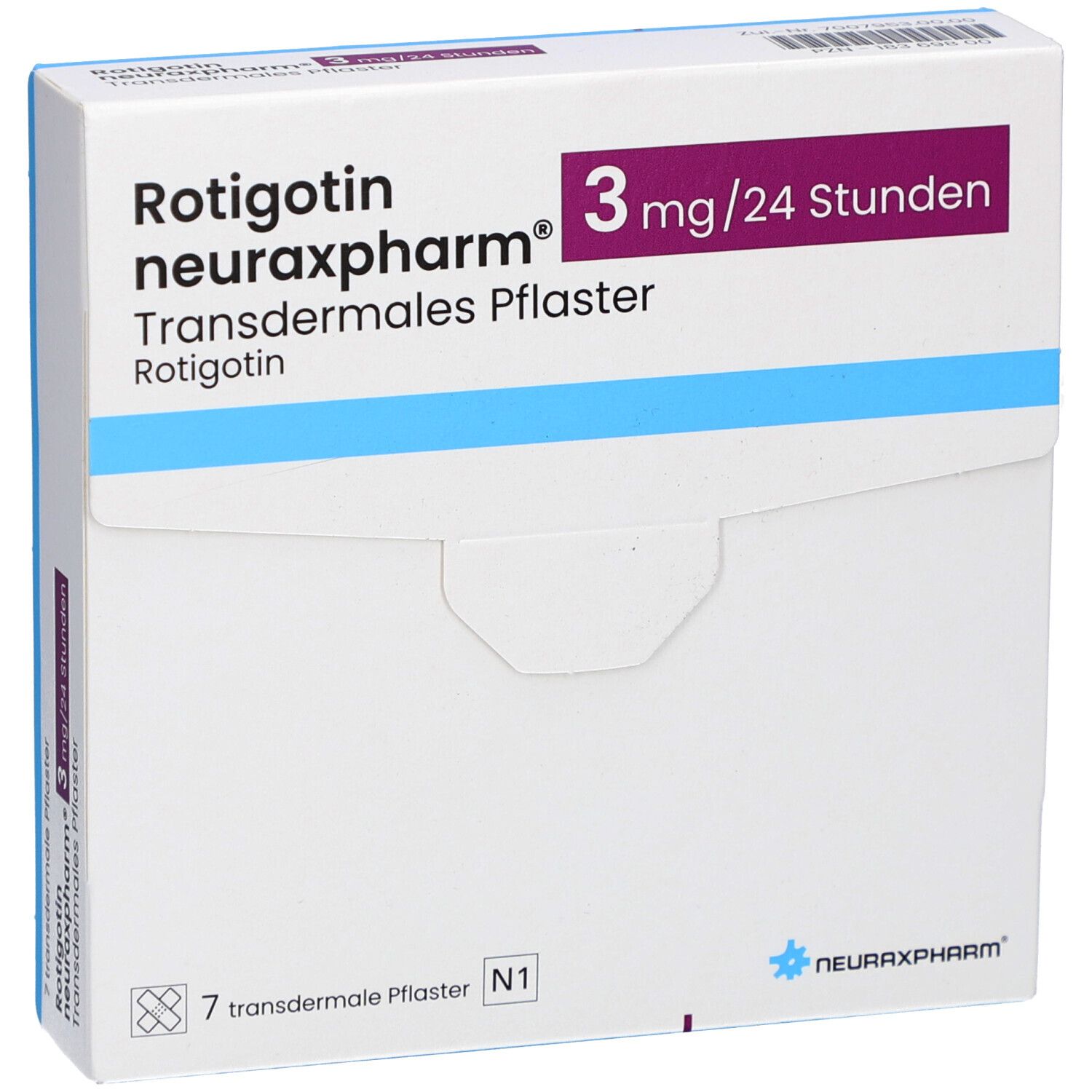 Verpackung 'Rotigotin neuraxpharm 3 mg/24 Stunden'. Enthält 7 transdermale Pflaster. Marke neuraxpharm. Blaue Akzente.