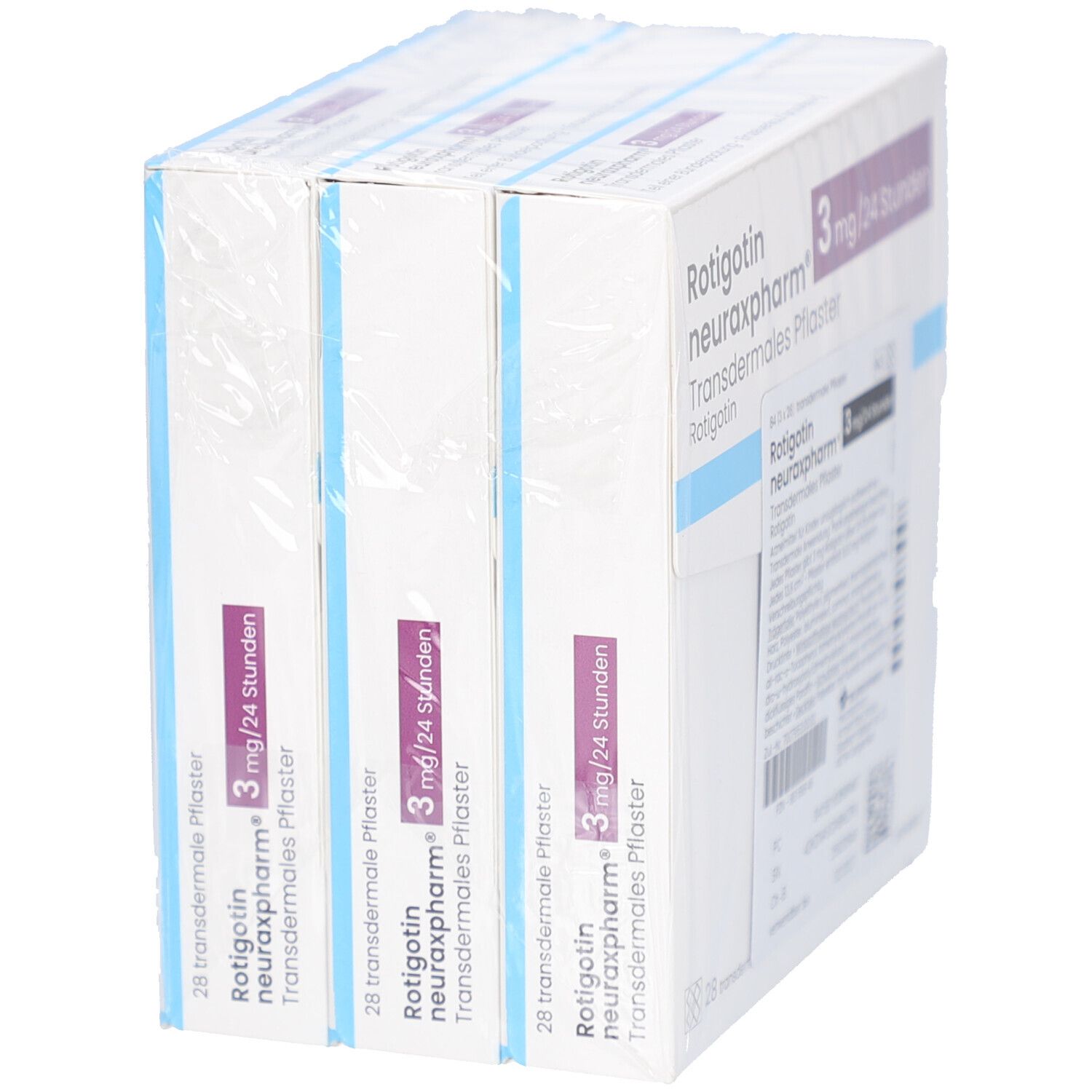 Drei Packungen Rotigotin neuraxpharm 3 mg/24 Stunden transdermales Pflaster. Verpackt in Folie.