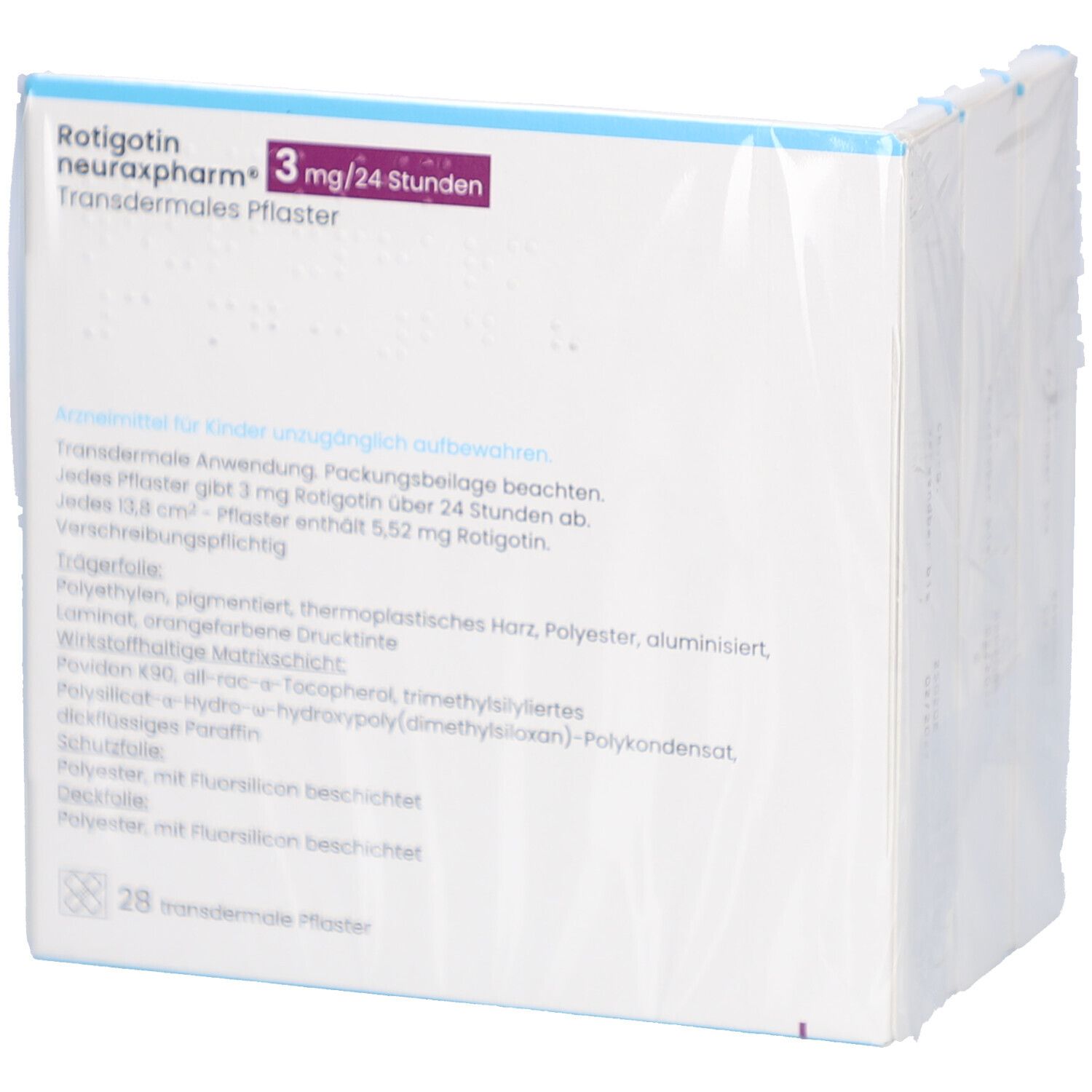 Rückseite der Verpackung von Rotigotin neuraxpharm 3 mg/24 Stunden transdermales Pflaster. Textinformationen.