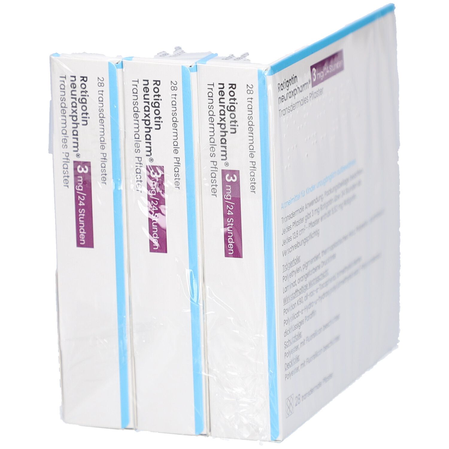 Drei Packungen Rotigotin neuraxpharm 3 mg/24 Stunden transdermales Pflaster, teilweise verpackt.