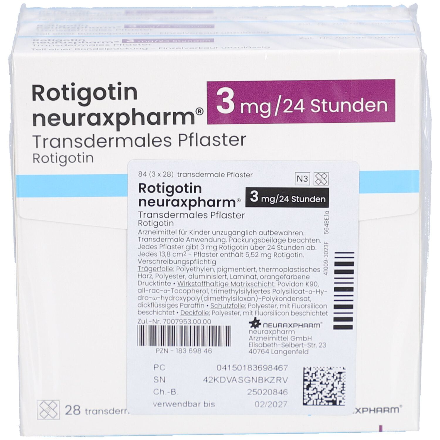 Verpackung von Rotigotin neuraxpharm 3 mg/24 Stunden transdermales Pflaster. Produktname, Dosierung, Packungsinhalt.