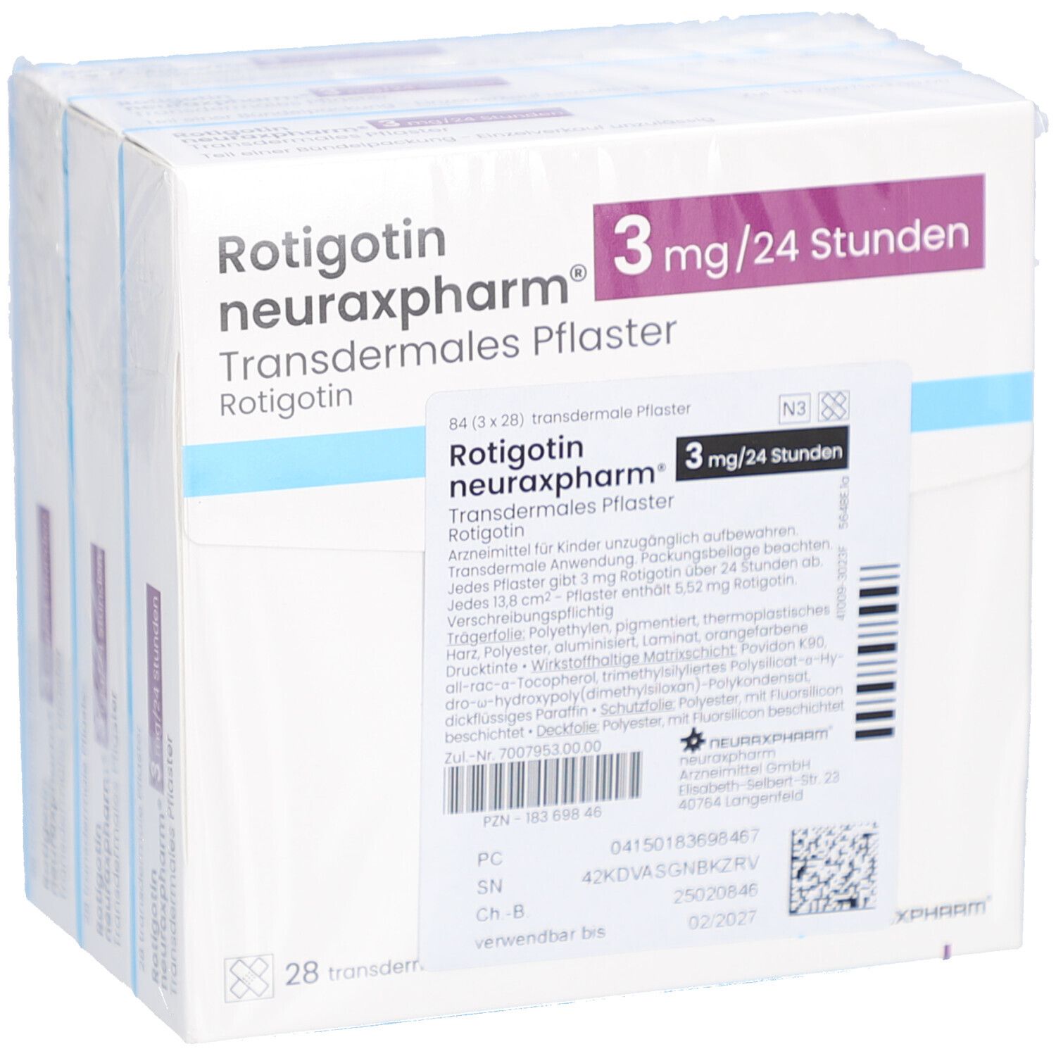 Mehrere Packungen Rotigotin neuraxpharm 3 mg/24 Stunden transdermales Pflaster. Verpackt in Folie.