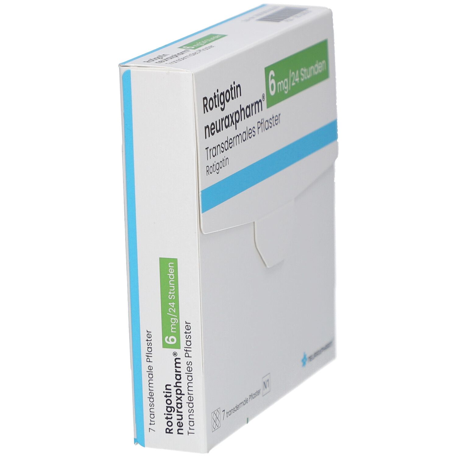 Weiße Faltschachtel, schräg gestellt. Produktname und grüne Akzente. Text: 6 mg/24 Stunden, transdermales Pflaster.