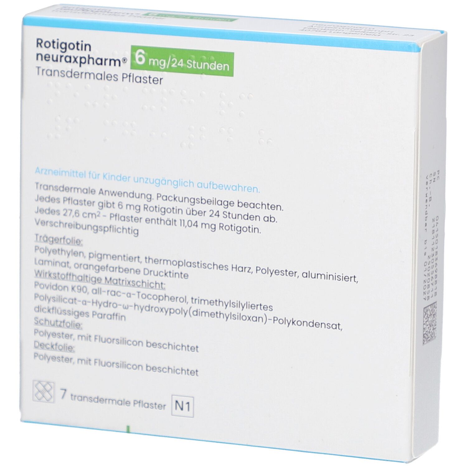 Rückseite der Faltschachtel. Text: Inhaltsstoffe, Anwendungshinweise. Produktname und grüne Akzente.