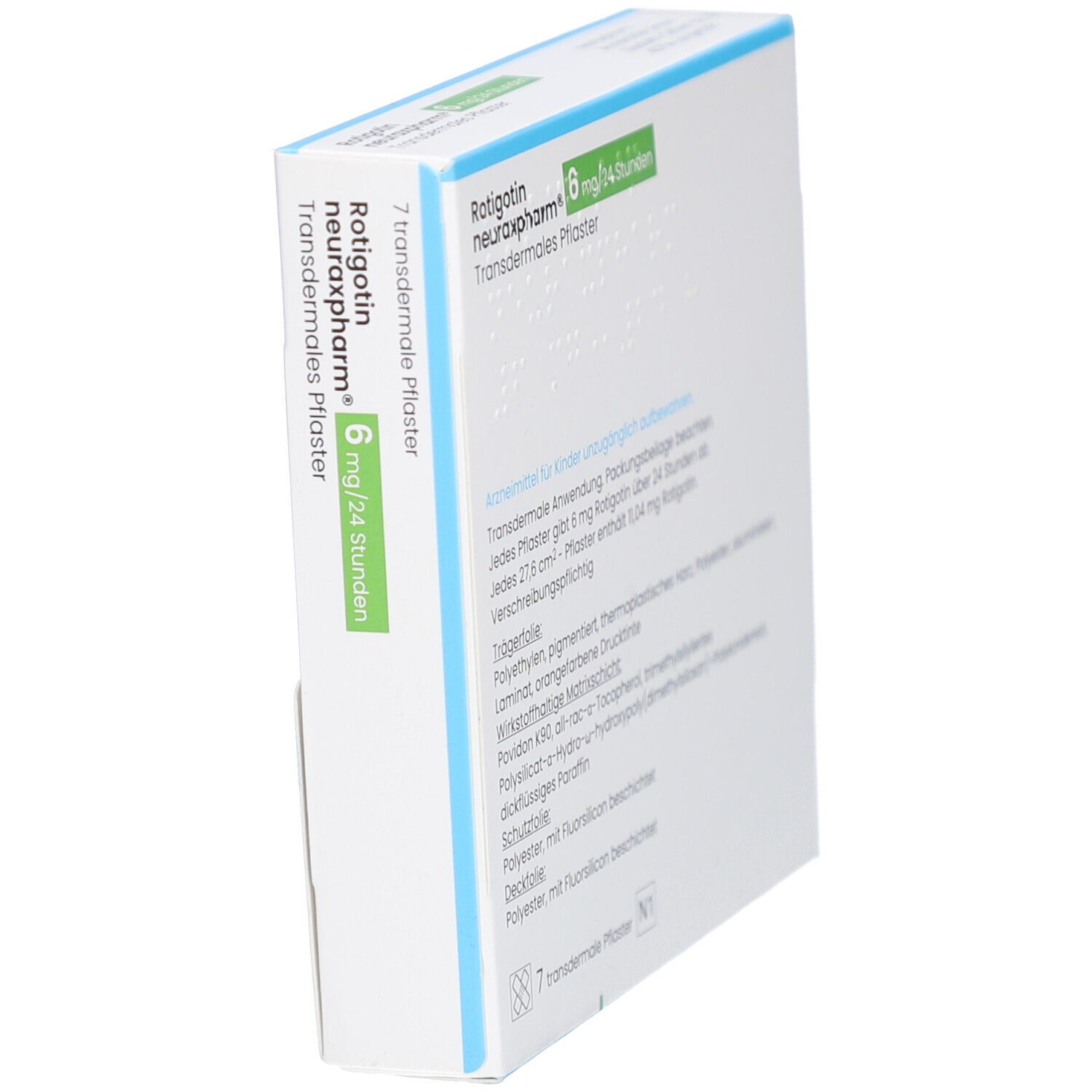 Faltschachtel schräg gestellt. Produktname und grüne Akzente. Text: 6 mg/24 Stunden, transdermales Pflaster.