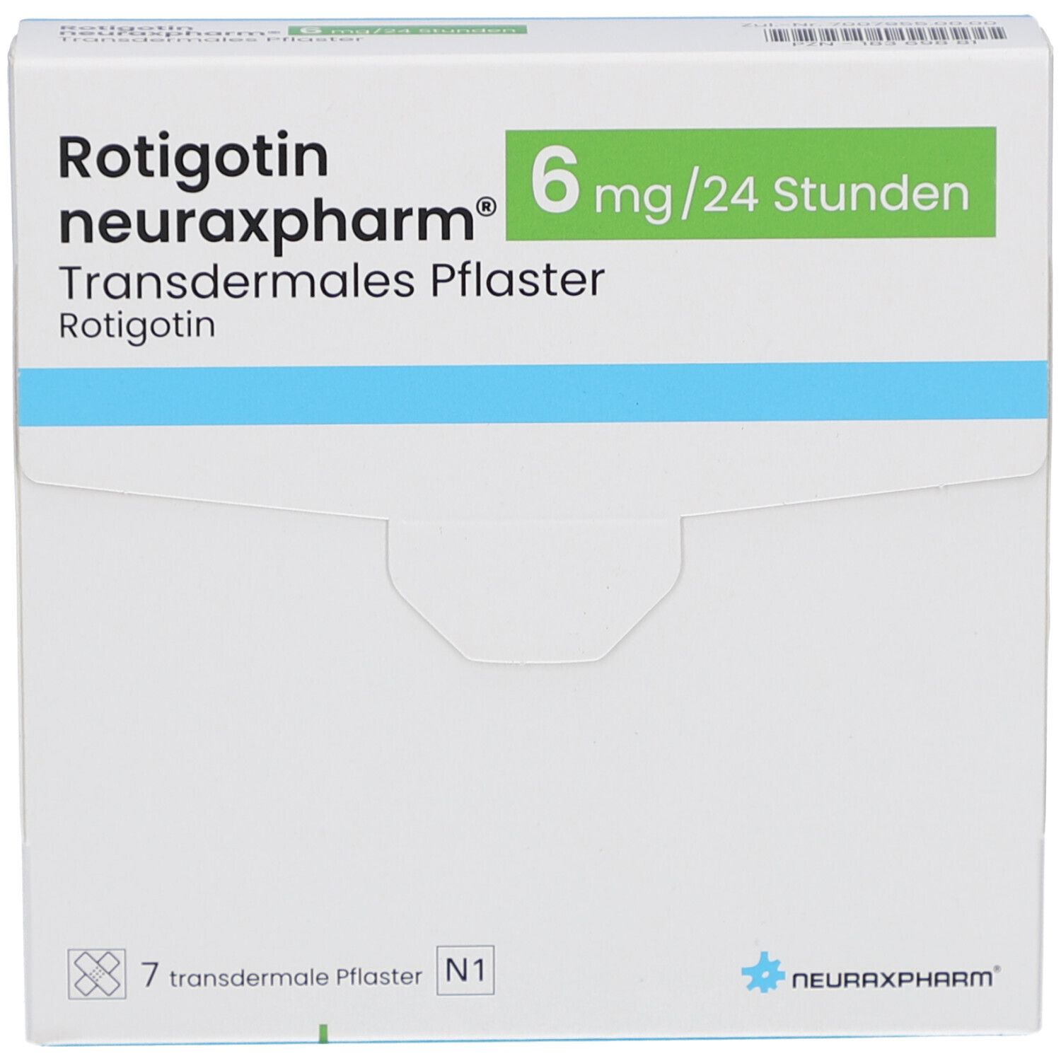 Weiße Faltschachtel mit Produktnamen und grünen Akzenten. Text: 6 mg/24 Stunden, transdermales Pflaster.