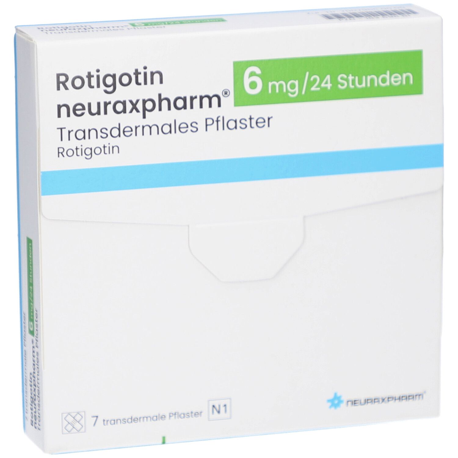 Weiße Faltschachtel mit Produktnamen und grünen Akzenten. Text: 6 mg/24 Stunden, transdermales Pflaster.