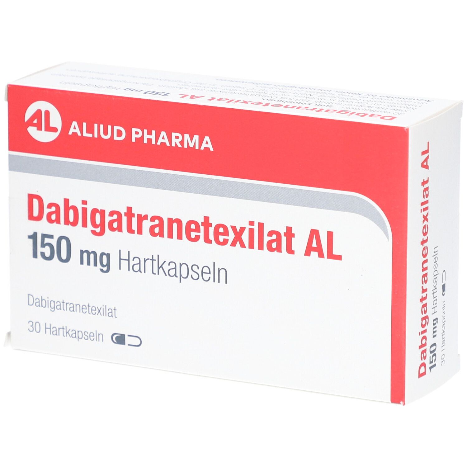 Schachtel mit "Dabigatranetexilat AL 150 mg Hartkapseln". Rote und weiße Verpackung. "ALUD PHARMA" Logo.