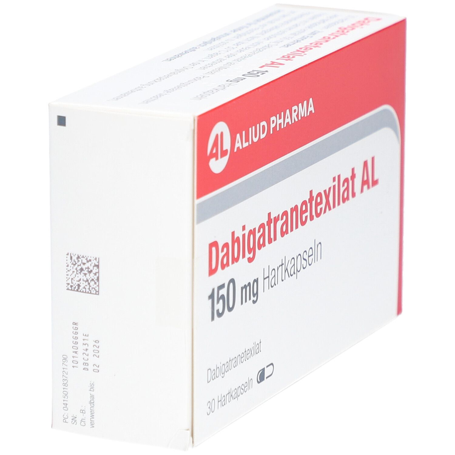Schachtel "Dabigatranetexilat AL 150 mg Hartkapseln". Rote und weiße Verpackung. "ALUD PHARMA" Logo. 30 Hartkapseln.