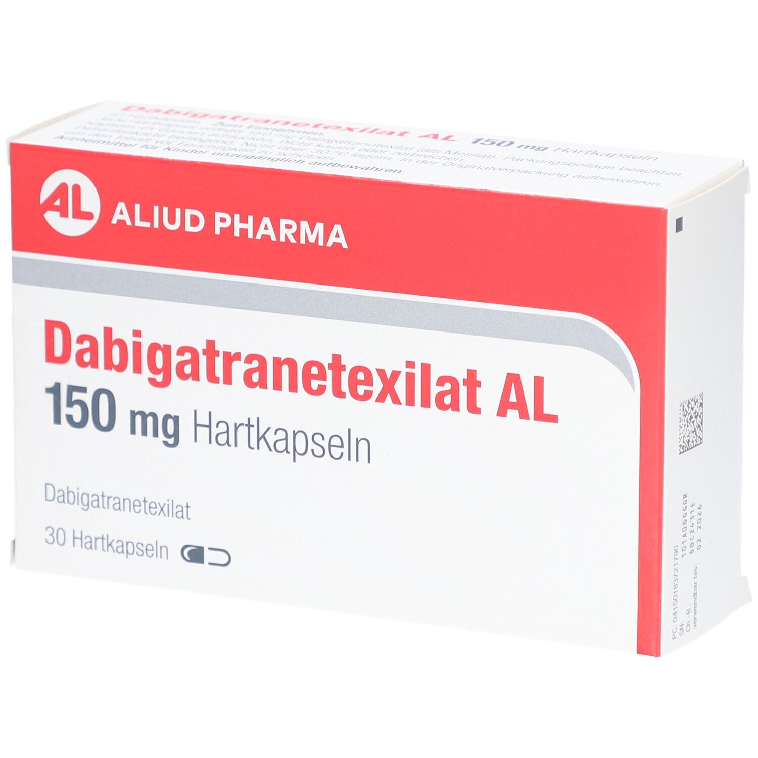 Schachtel "Dabigatranetexilat AL 150 mg Hartkapseln". Rote und weiße Verpackung. "ALUD PHARMA" Logo. 30 Hartkapseln.