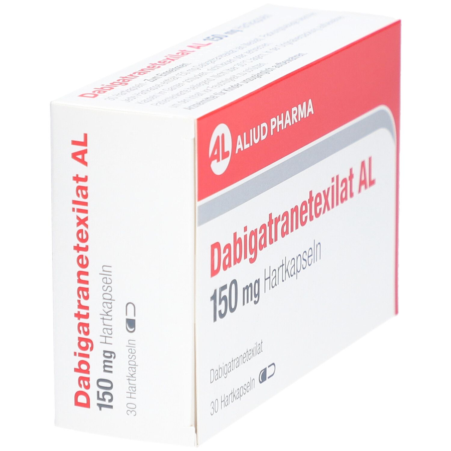 Schachtel "Dabigatranetexilat AL 150 mg Hartkapseln". Rote und weiße Verpackung. "ALUD PHARMA" Logo. 30 Hartkapseln.