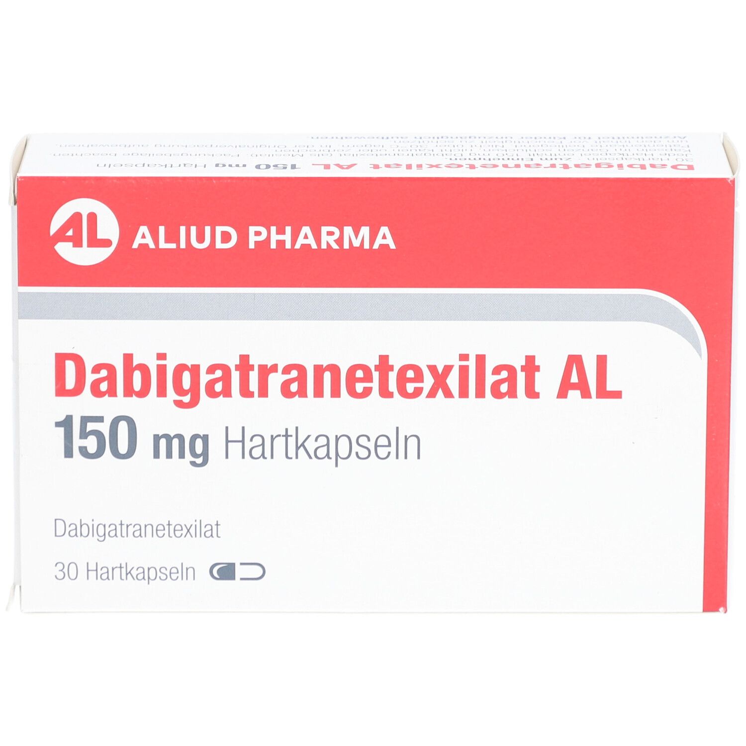 Schachtel "Dabigatranetexilat AL 150 mg Hartkapseln". Rote und weiße Verpackung. "ALUD PHARMA" Logo. 30 Hartkapseln.