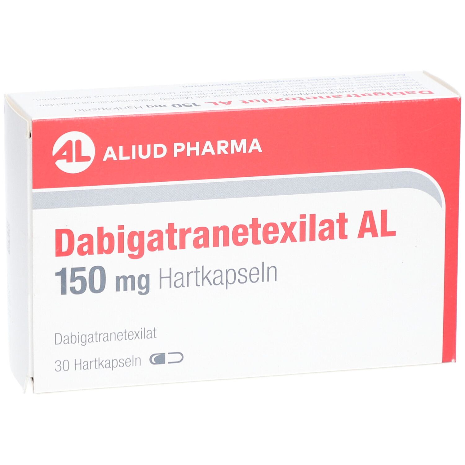Schachtel "Dabigatranetexilat AL 150 mg Hartkapseln". Rote und weiße Verpackung. "ALUD PHARMA" Logo. 30 Hartkapseln.