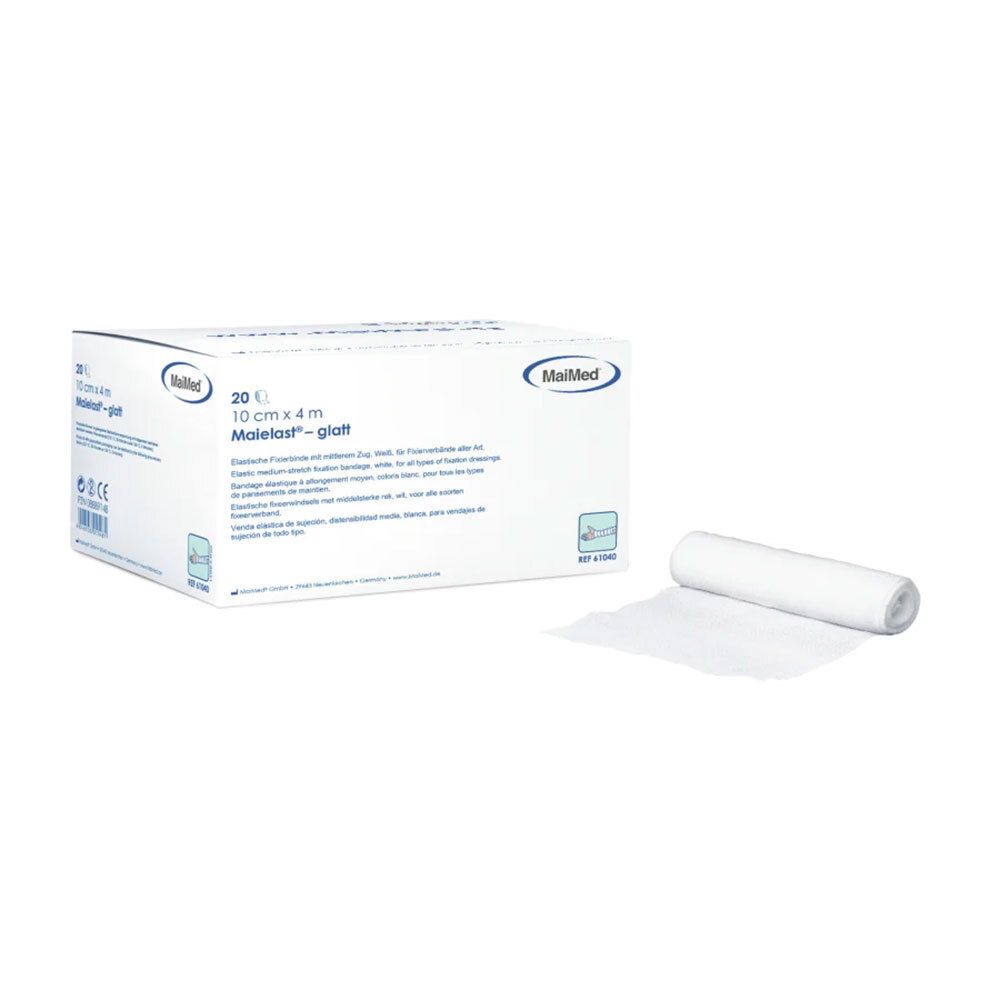 Weiße Verpackung mit MaiMed Logo und Produktbezeichnung. Rolle Verband daneben.