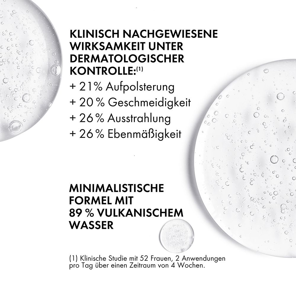 Text mit klinischen Ergebnissen: +21% Aufpolsterung, +20% Geschmeidigkeit, +26% Ausstrahlung, +26% Ebenmäßigkeit.