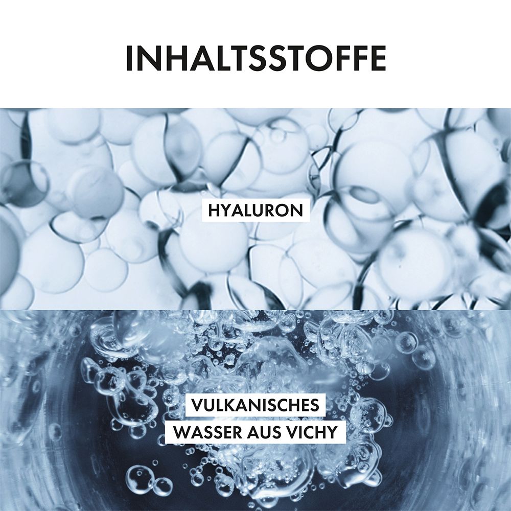 Nahaufnahme von Inhaltsstoffen: Hyaluron und vulkanisches Wasser aus Vichy.