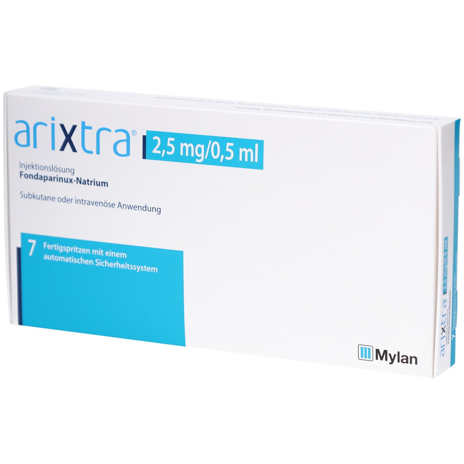 Weiße Kartonverpackung mit blauen Akzenten. Aufschrift: arixtra 2,5 mg/0,5 ml. Enthält 7 Fertigspritzen. Mylan Logo.