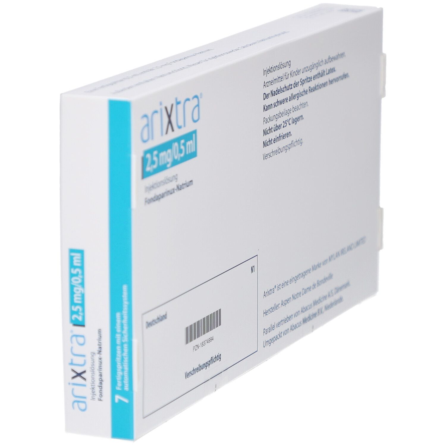 Schräg gestellte Rückseite der weißen Kartonverpackung. Textinformationen. Barcode. Mylan Logo.