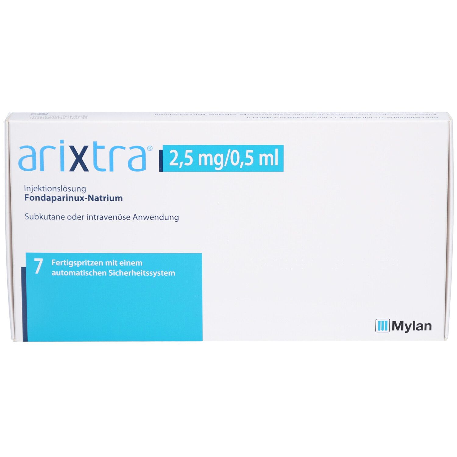 Weiße Kartonverpackung mit blauen Akzenten. Aufschrift: arixtra 2,5 mg/0,5 ml. Enthält 7 Fertigspritzen. Mylan Logo.