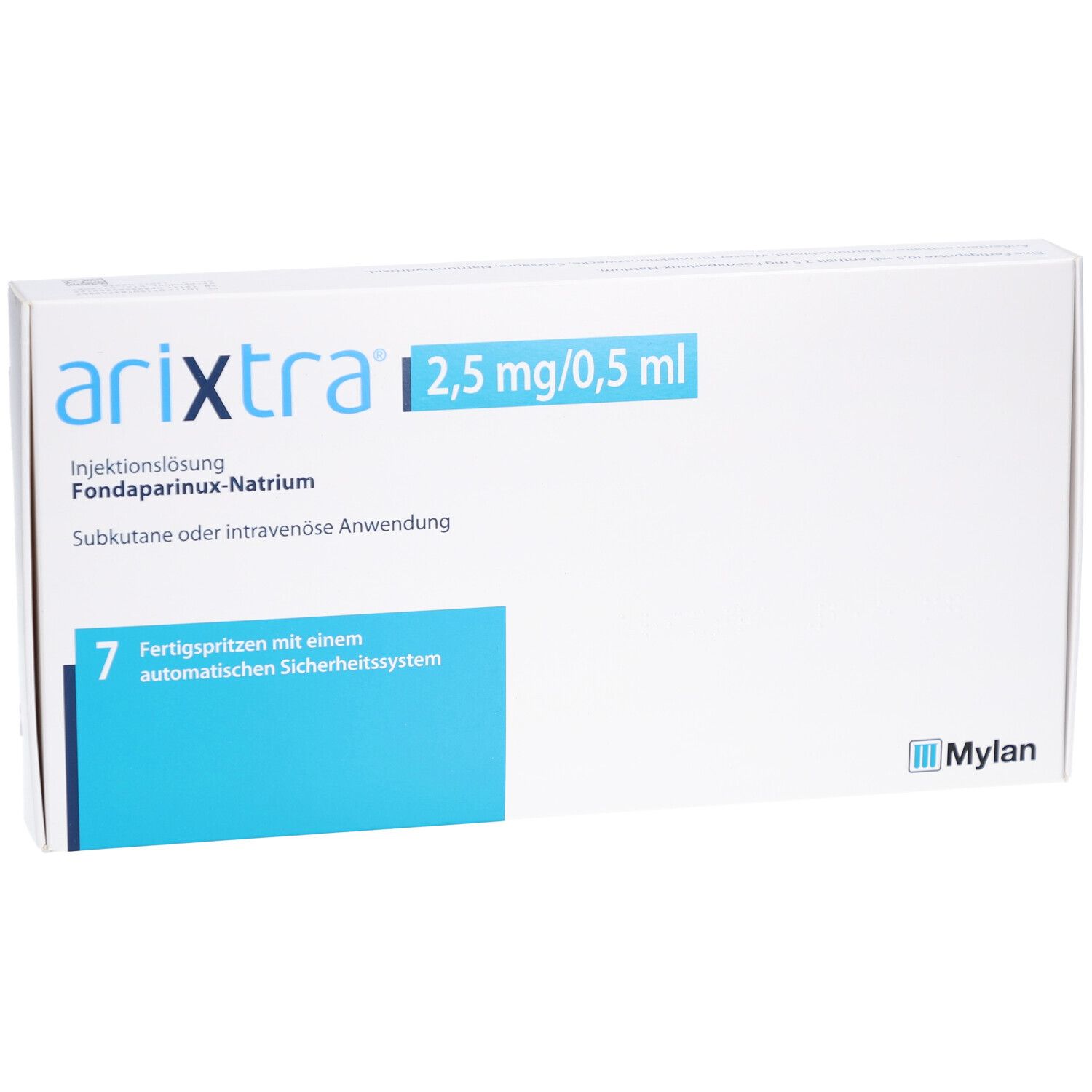 Weiße Kartonverpackung mit blauen Akzenten. Aufschrift: arixtra 2,5 mg/0,5 ml. Enthält 7 Fertigspritzen. Mylan Logo.