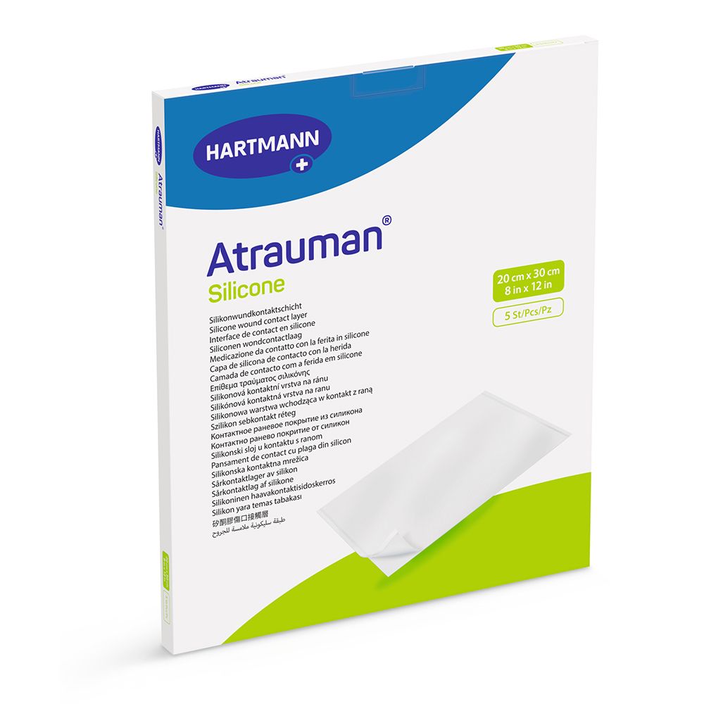 Verpackung Atrauman® Silicone Kompressen, 20 x 30 cm, 5 Stück.