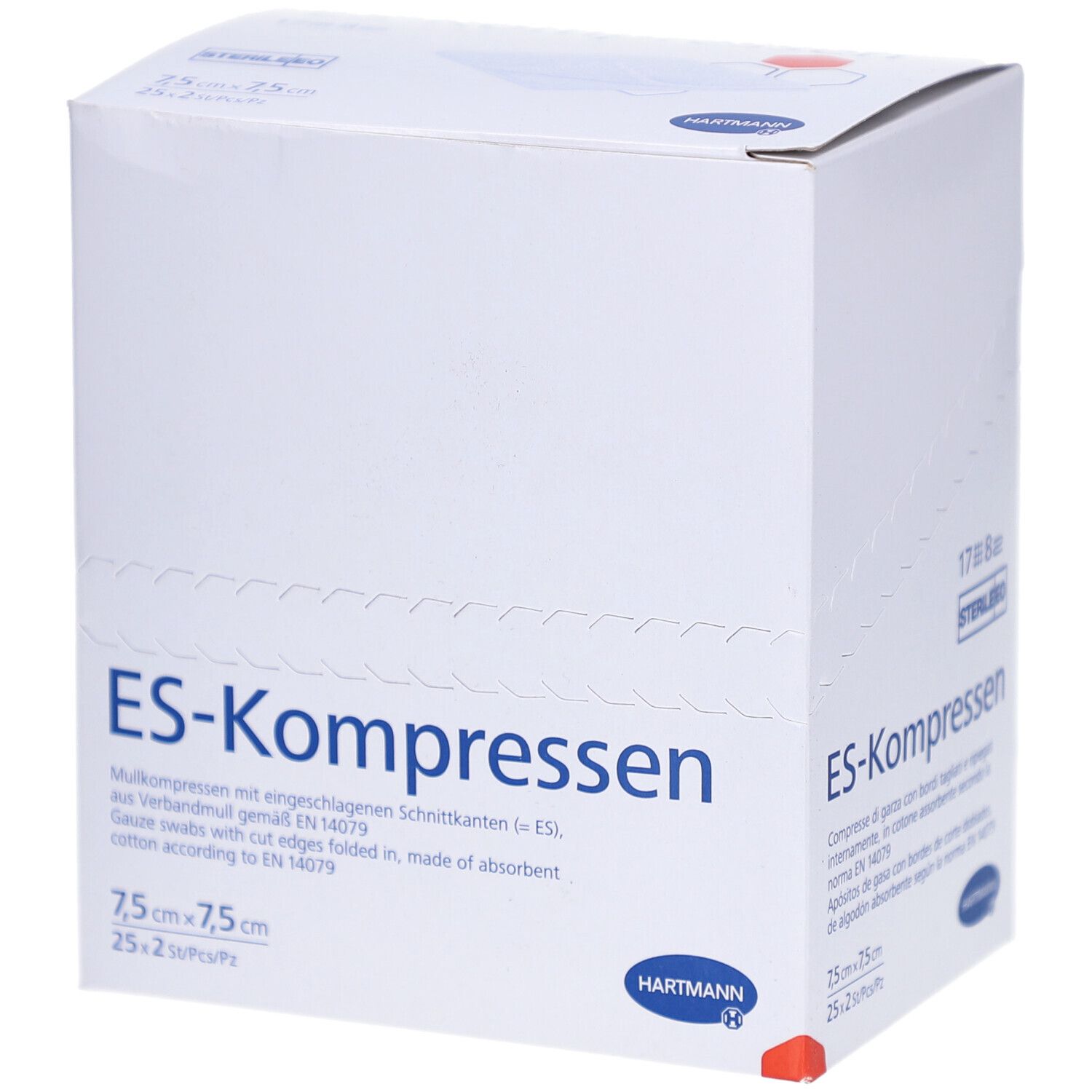 Verpackung mit ES-Kompressen. 7,5x7,5 cm. 25x2 Stück. Hartmann Logo. Sterile Kompressen. Aufschrift: ES-Kompressen.