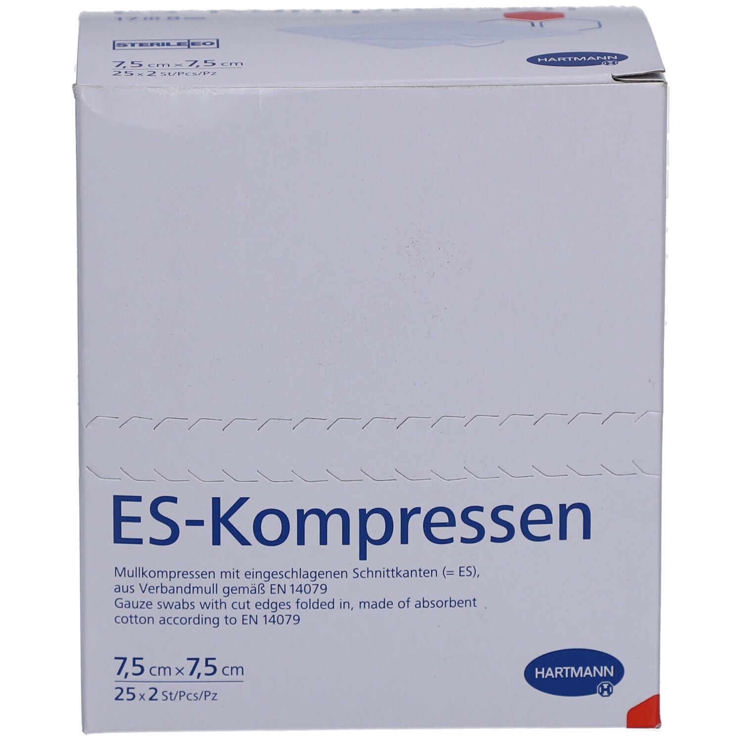 Verpackung mit ES-Kompressen. 7,5x7,5 cm. 25x2 Stück. Hartmann Logo. Sterile Kompressen. Aufschrift: ES-Kompressen.