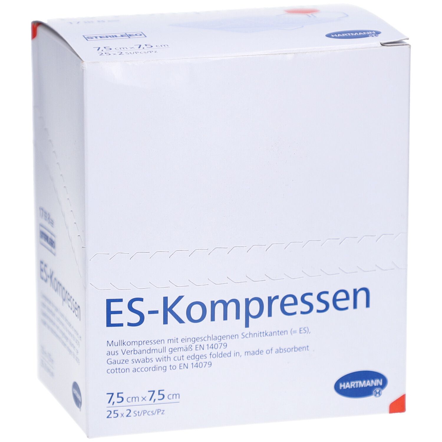 Verpackung mit ES-Kompressen. 7,5x7,5 cm. 25x2 Stück. Hartmann Logo. Sterile Kompressen. Aufschrift: ES-Kompressen.