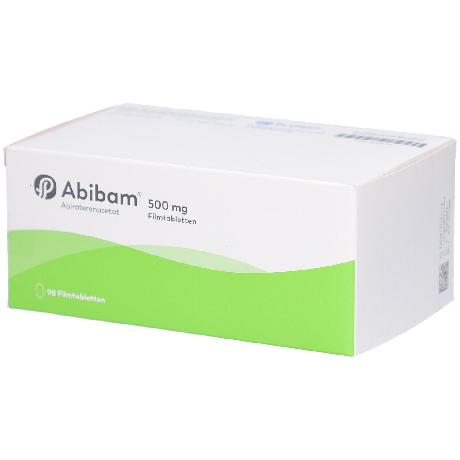 Weiße Schachtel mit grünem Streifen. Aufschrift: Abibam 500 mg Filmtabletten. Logo und Wirkstoffbezeichnung.