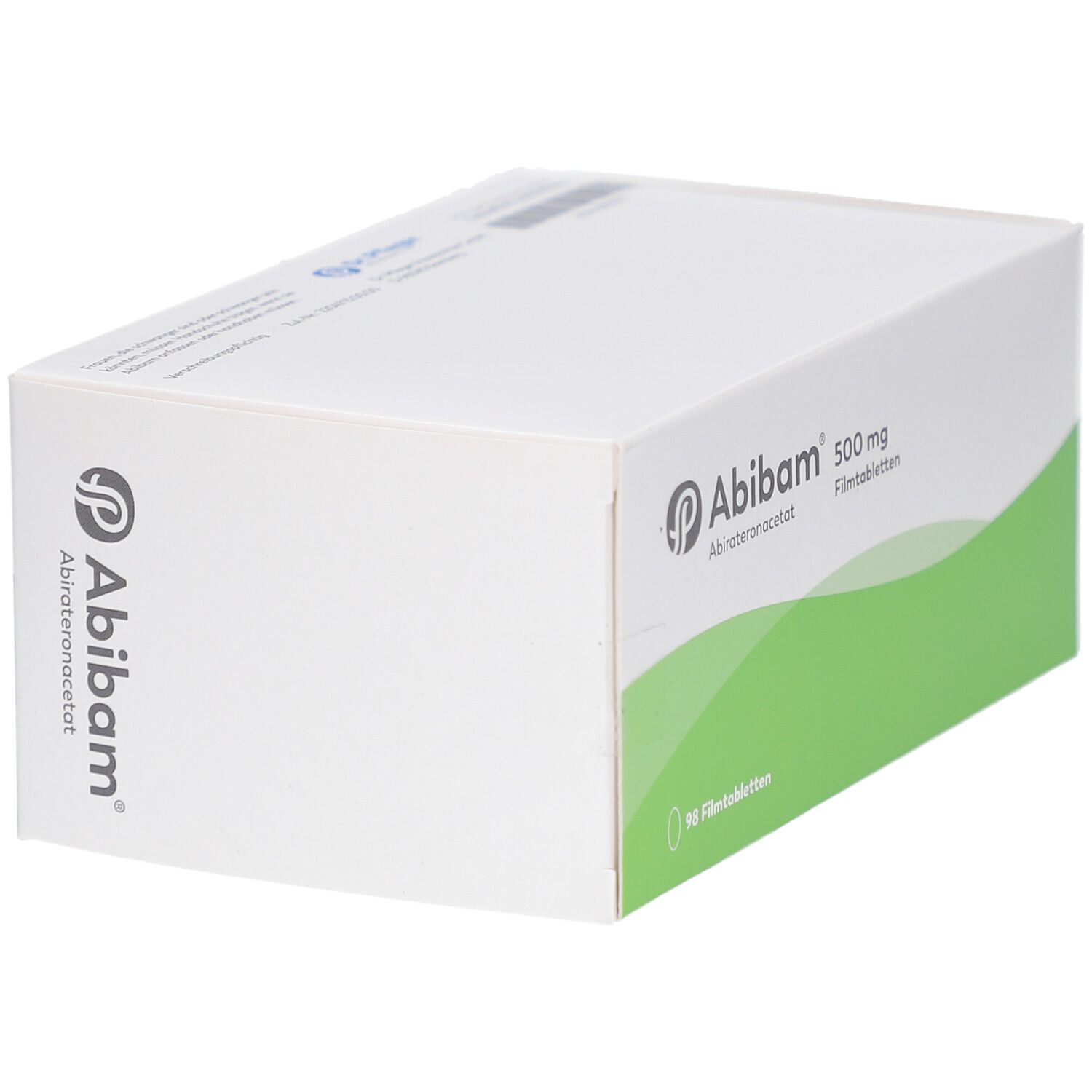 Weiße Schachtel mit grünem Streifen. Aufschrift: Abibam 500 mg Filmtabletten. Logo und Wirkstoffbezeichnung. Seitenansicht.