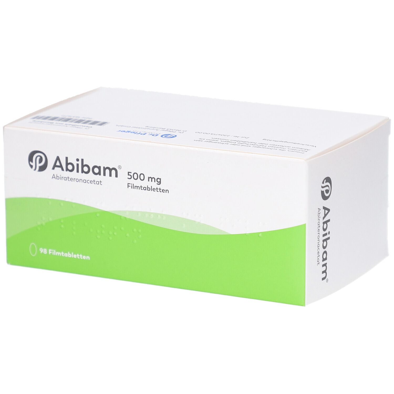 Weiße Schachtel mit grünem Streifen. Aufschrift: Abibam 500 mg Filmtabletten. Logo und Wirkstoffbezeichnung. Seitenansicht.