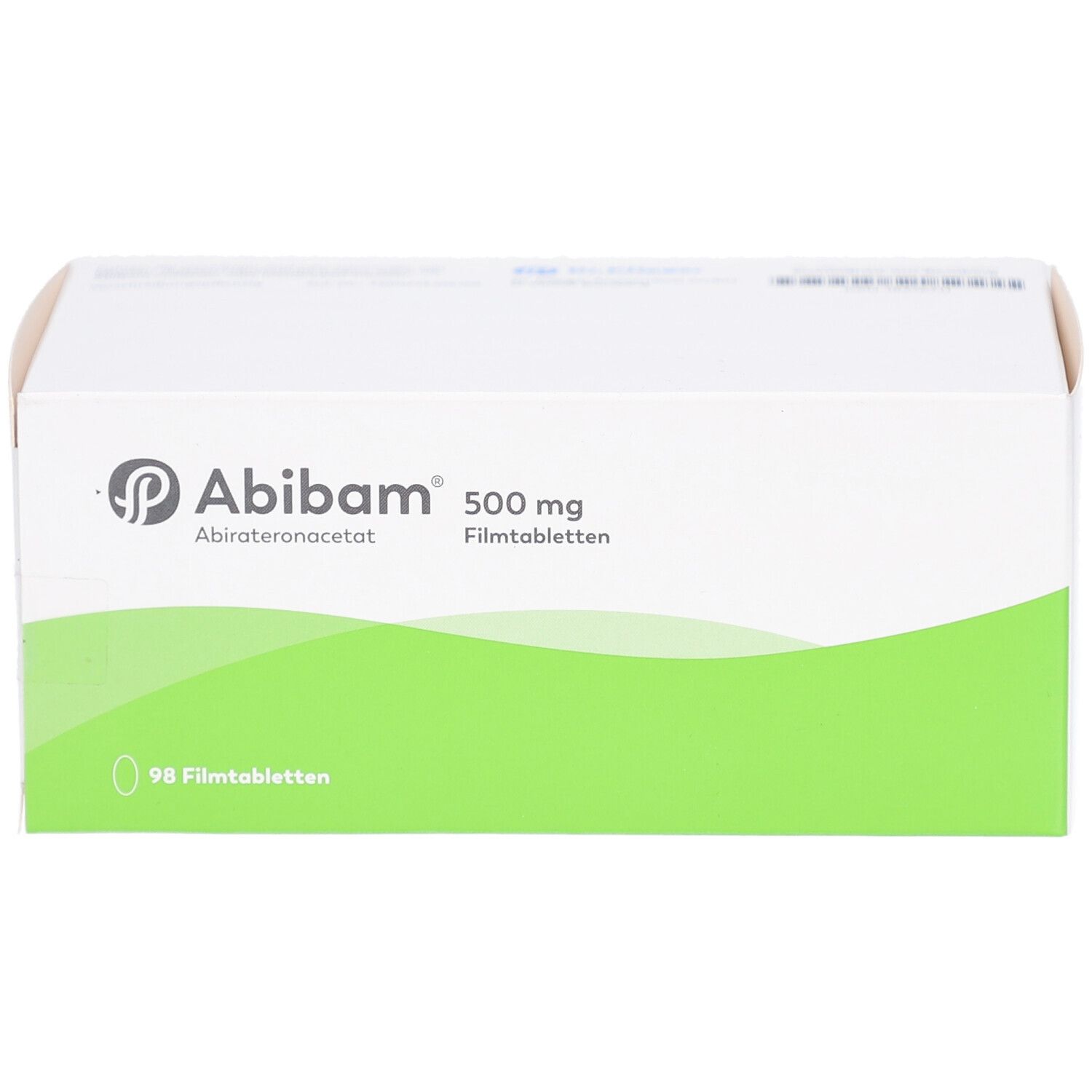Weiße Schachtel mit grünem Streifen. Aufschrift: Abibam 500 mg Filmtabletten. Logo und Wirkstoffbezeichnung. 98 Filmtabletten.