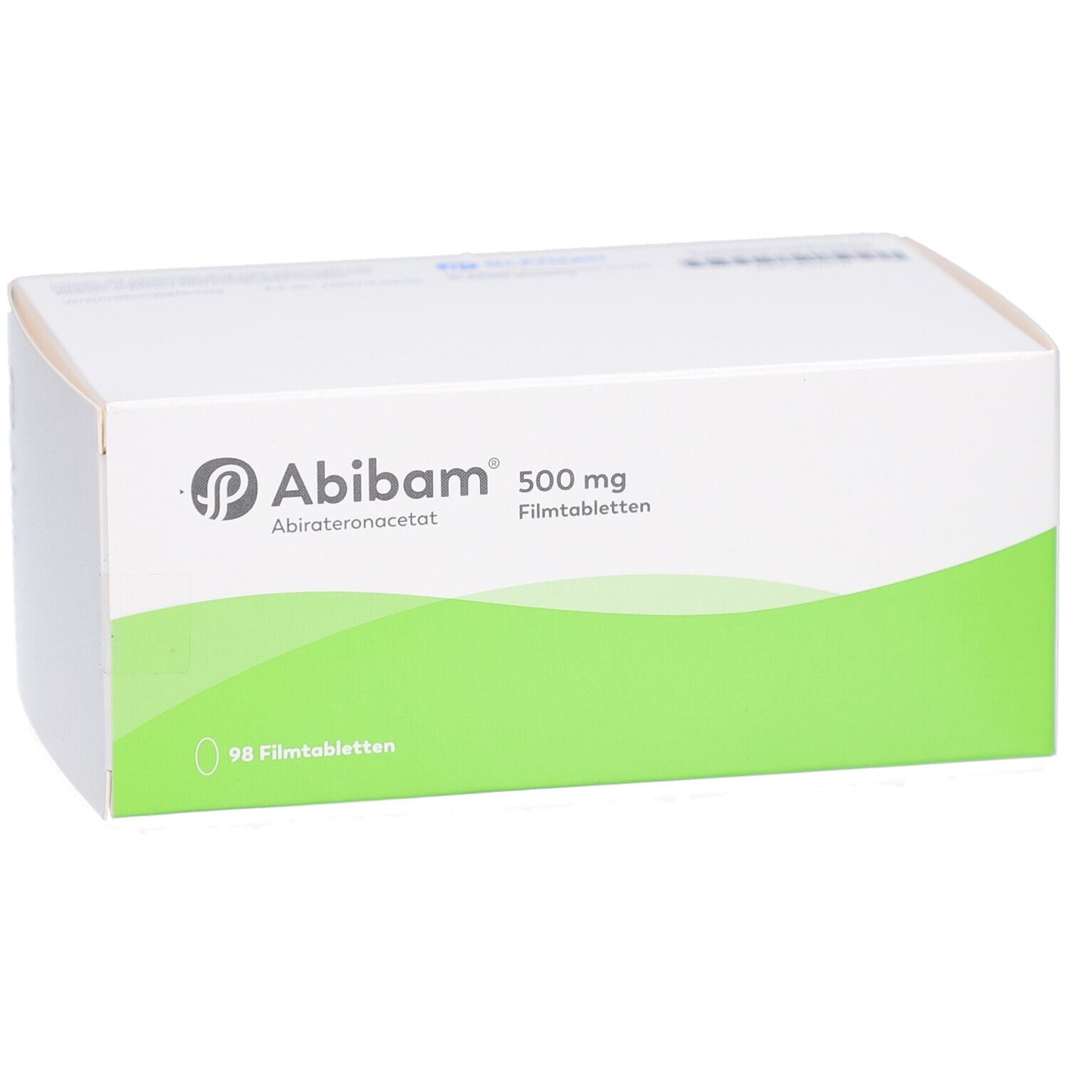 Weiße Schachtel mit grünem Streifen. Aufschrift: Abibam 500 mg Filmtabletten. Logo und Wirkstoffbezeichnung. 98 Filmtabletten.