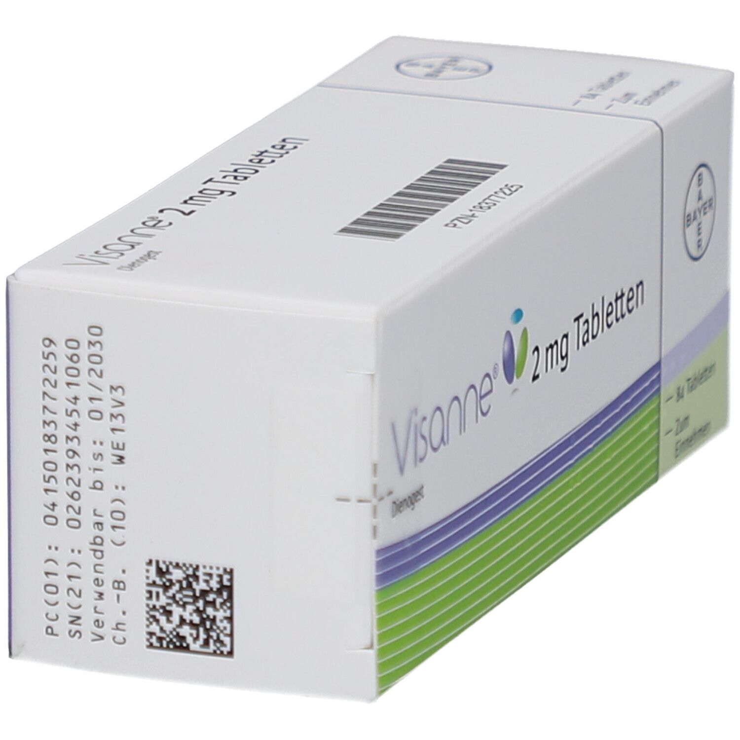 Weiße Schachtel VISANNE 2 mg Tabletten. Text: Dienogest. Barcode und weitere Informationen. Bayer-Logo.