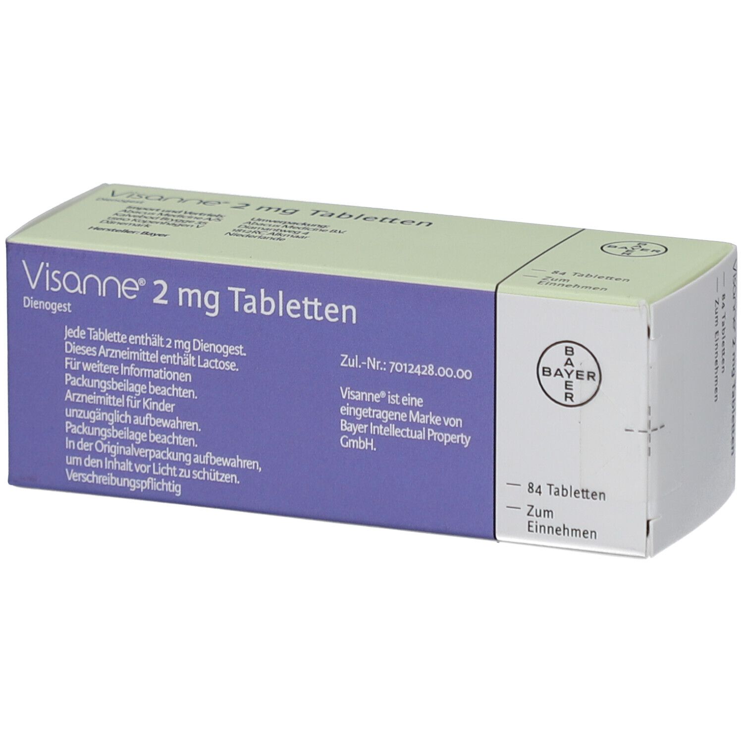 Weiße Schachtel VISANNE 2 mg Tabletten. Text: Dienogest. Bayer-Logo. 84 Tabletten. Packungsbeilage beachten.