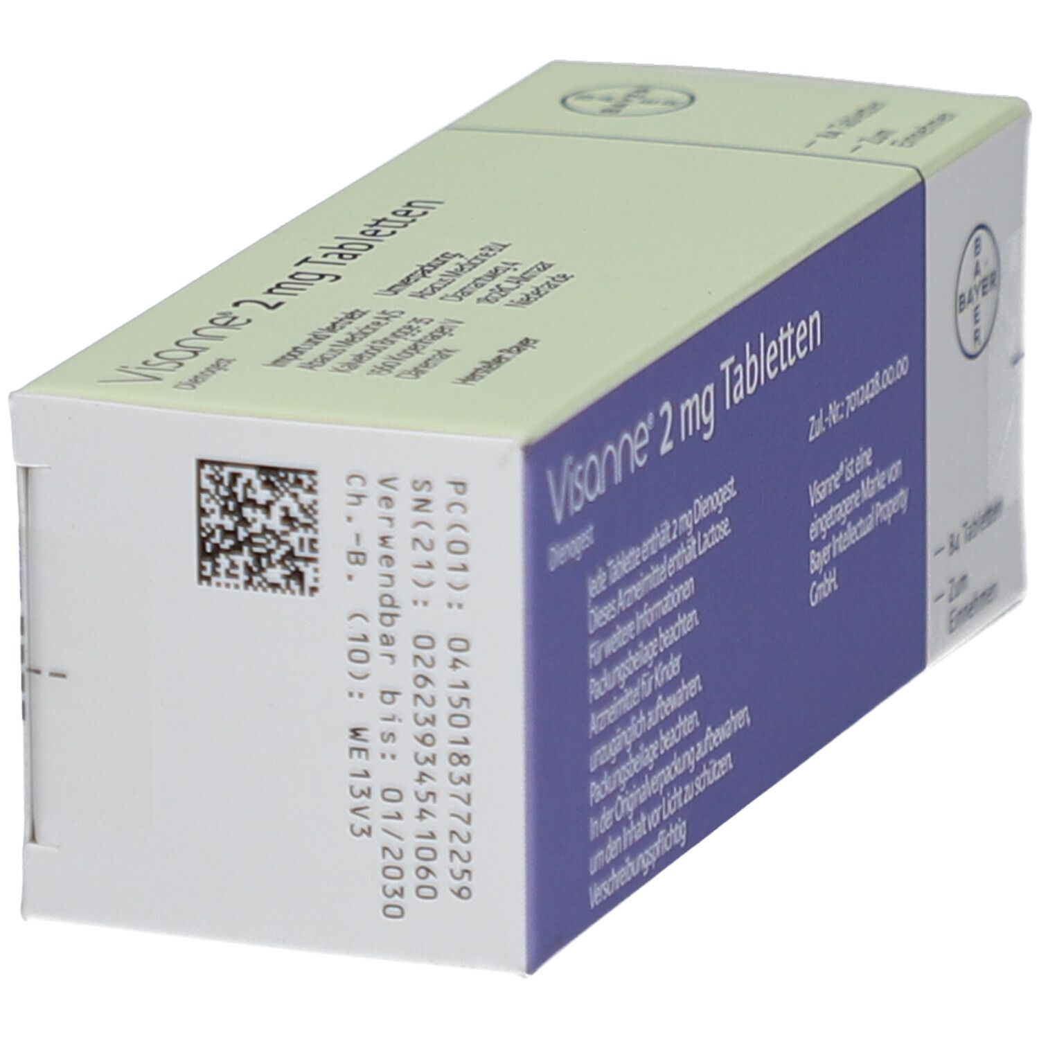 Weiße Schachtel VISANNE 2 mg Tabletten. Text: Dienogest. Barcode und weitere Informationen. Bayer-Logo.