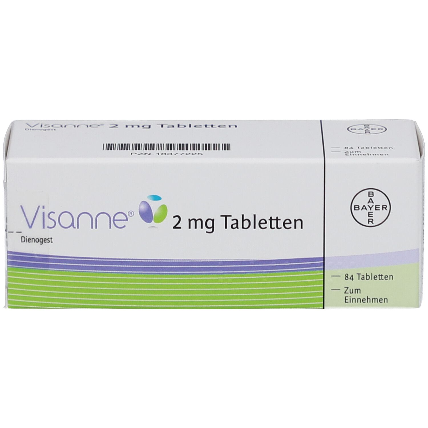 Weiße Schachtel VISANNE 2 mg Tabletten. Bayer-Logo. 84 Tabletten. Grün-lila Streifen. Text: Dienogest.