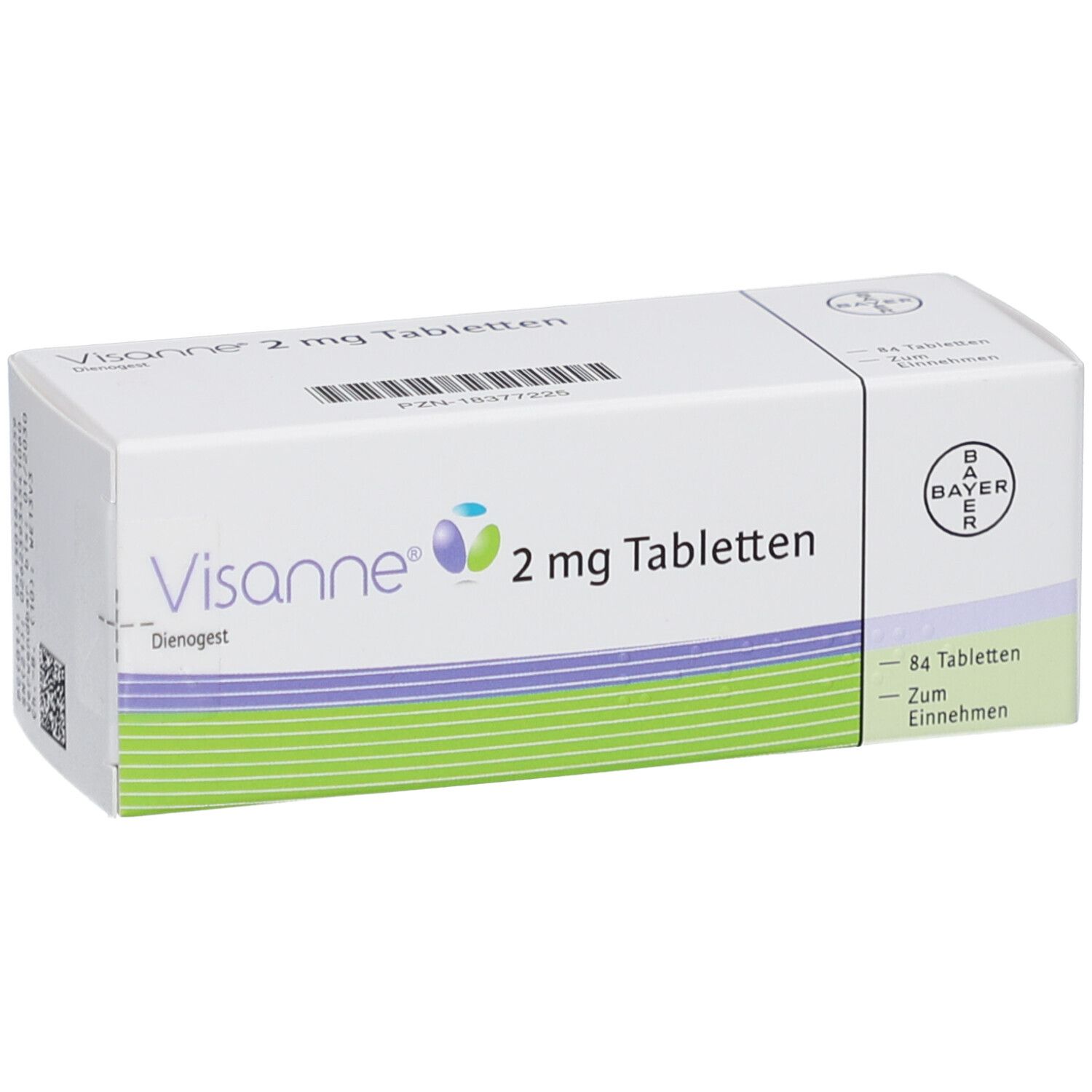 Weiße Schachtel VISANNE 2 mg Tabletten. Bayer-Logo. 84 Tabletten. Grün-lila Streifen. Text: Dienogest.